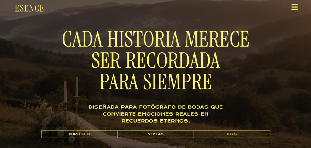 Diseño de la página de inicio de ESENCE, una plantilla web para fotógrafos de bodas creada con WordPress y Elementor.